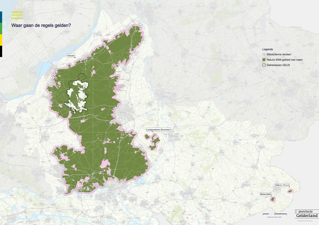 Op deze kaart staat een afbeelding met daarop de verschillende stikstofstroken in de provincie Gelderland. Deze stroken liggen rond Natura-2000 gebieden. Rondom de Veluwe, Landgoederen Brummen en Bekendelle en Willinks Weust bij Winterswijk zijn de stikstofarme stroken van 500 meter breed op de kaart getekend. Ook is te zien welk deel van de Veluwe precies valt in het Gebiedsplan Geus.